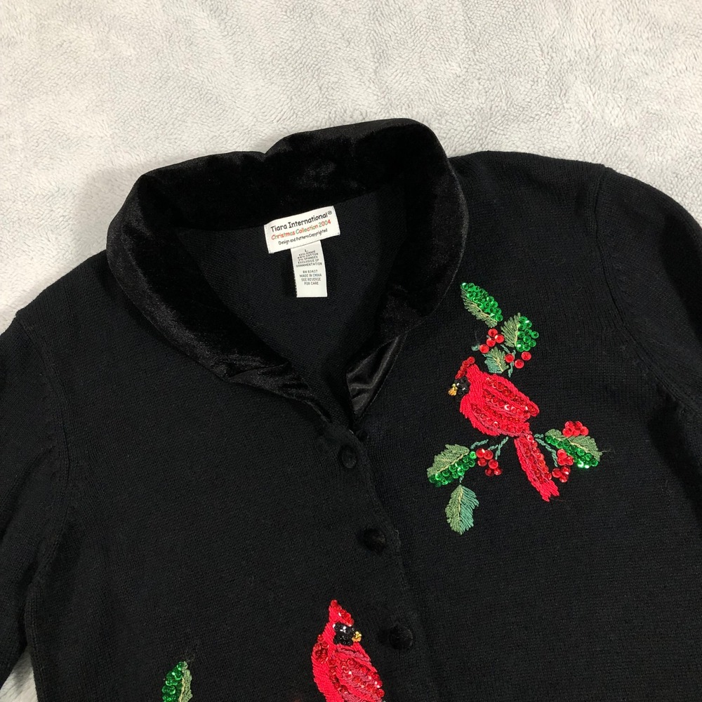 Tiara International Cardinal Christmas Cardigan Women L Black Velvet Sequin 2004